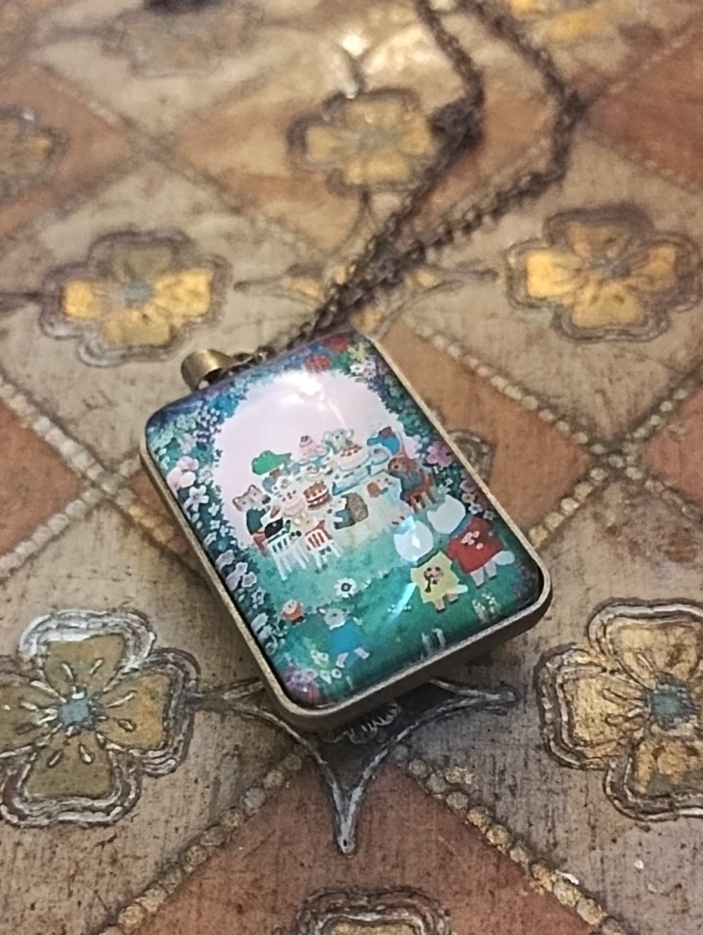 Whimsical Cat Garden Party Scene Rectangular Pendant Necklace - Turquoise Green